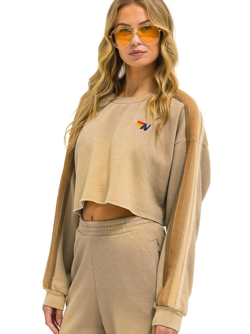 Aviator Nation Beige Crewneck Sweatshirt with 5 Stripe Sleeves Large